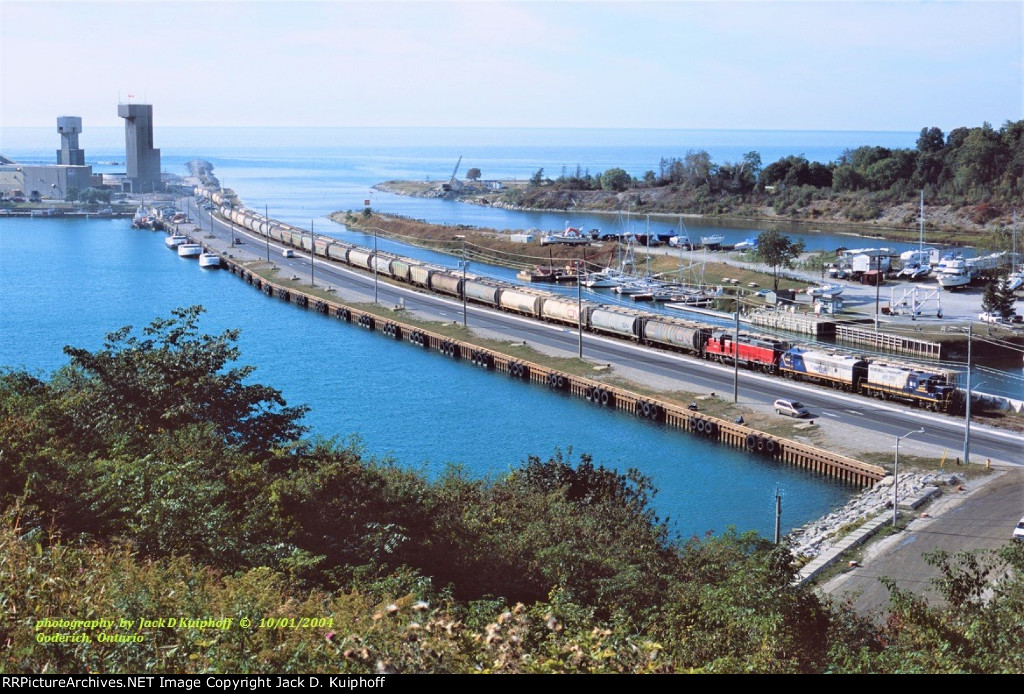 GEXR, Goderich Exeter Railway 4001-1400-3821 switches the salt mine on Lake Huron at the Port at Goderich, Ontario. October 1, 2004.